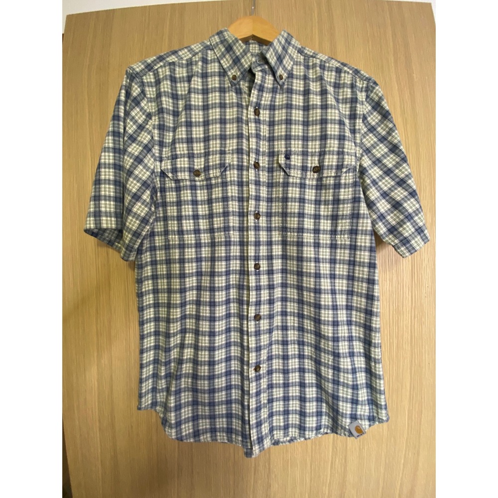 Carhartt Mens Medium Short Sleeve Button Blue Green Plaid Relaxed Fit 101158